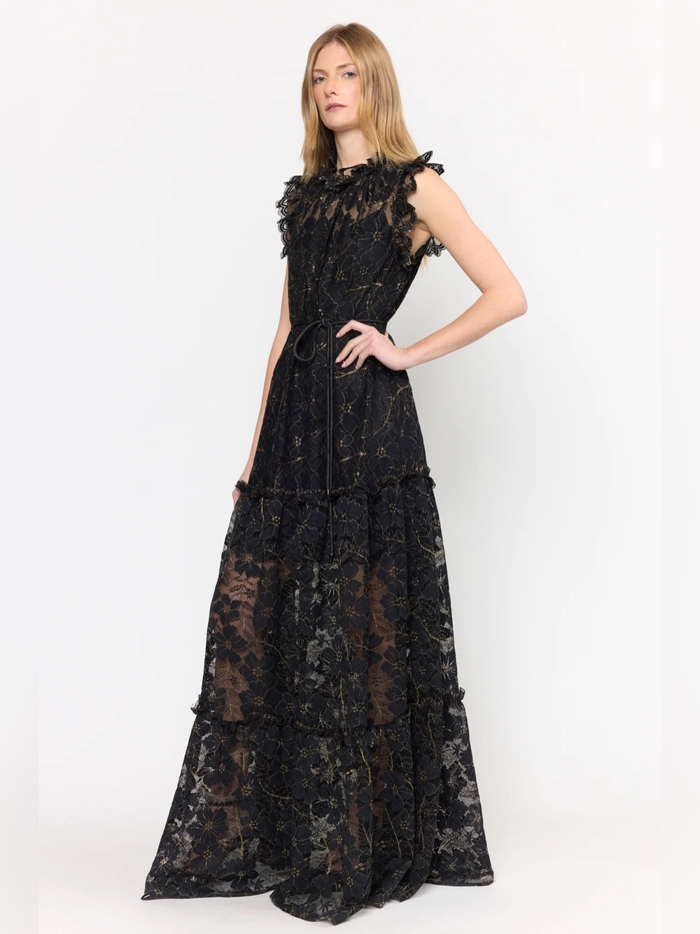 Christy Lynn Damien Black Lace Metallic Gold Dress